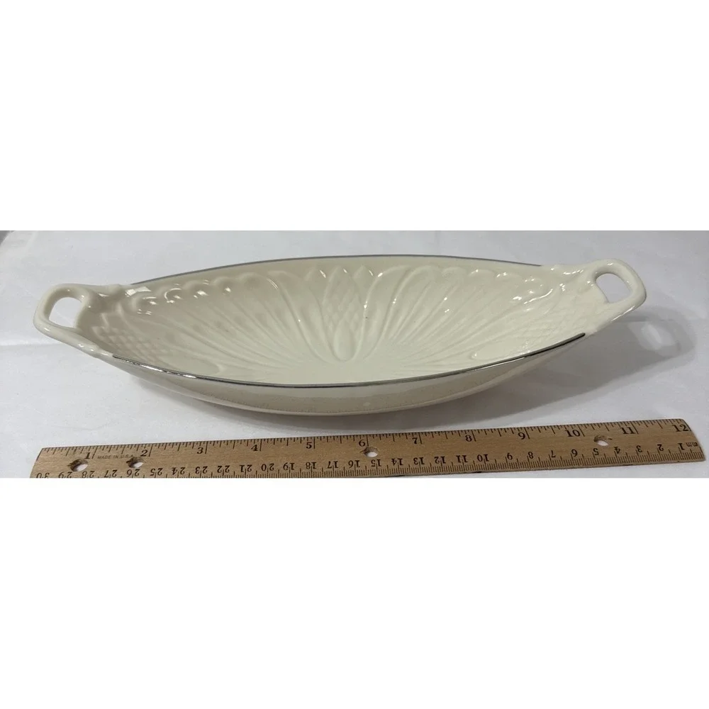 Lenox MONACO SPECIAL Embossed Cream Silver Trim Handled Long Relish Serving Dish